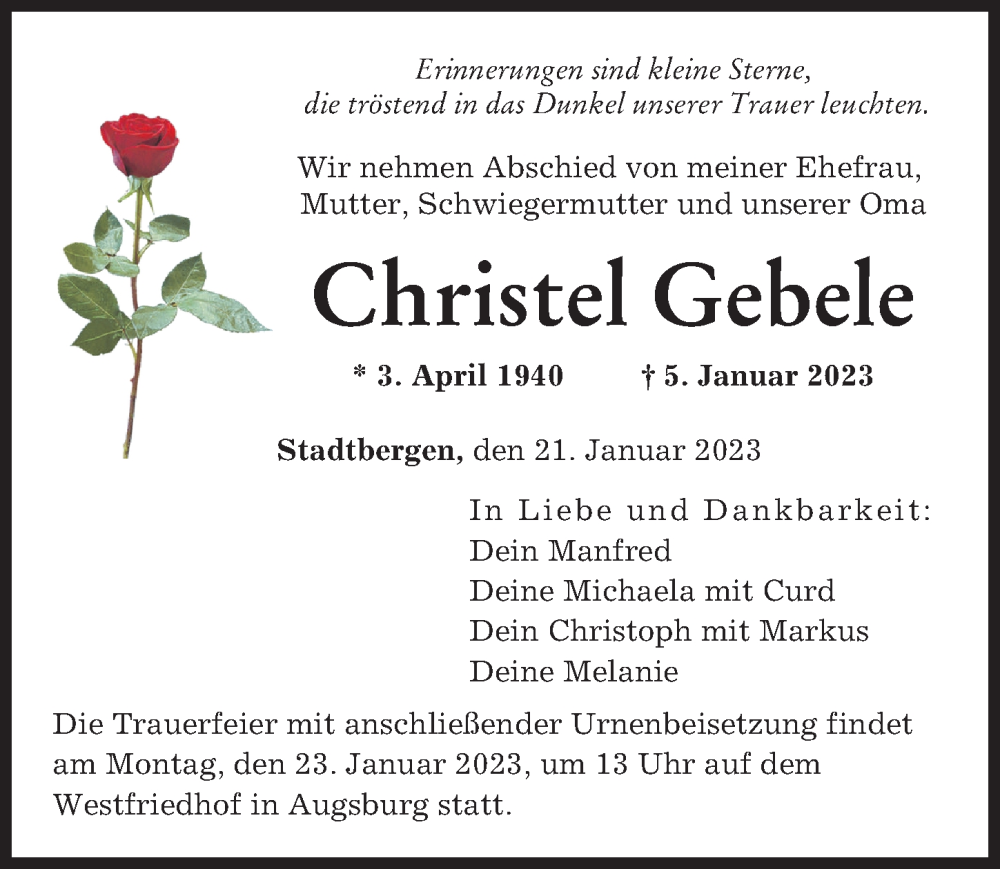  Traueranzeige für Christel Gebele vom 21.01.2023 aus Augsburger Allgemeine