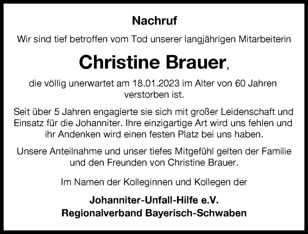 Traueranzeige für Christine Brauer vom 28.01.2023 aus Augsburger Allgemeine, Donauwörther Zeitung