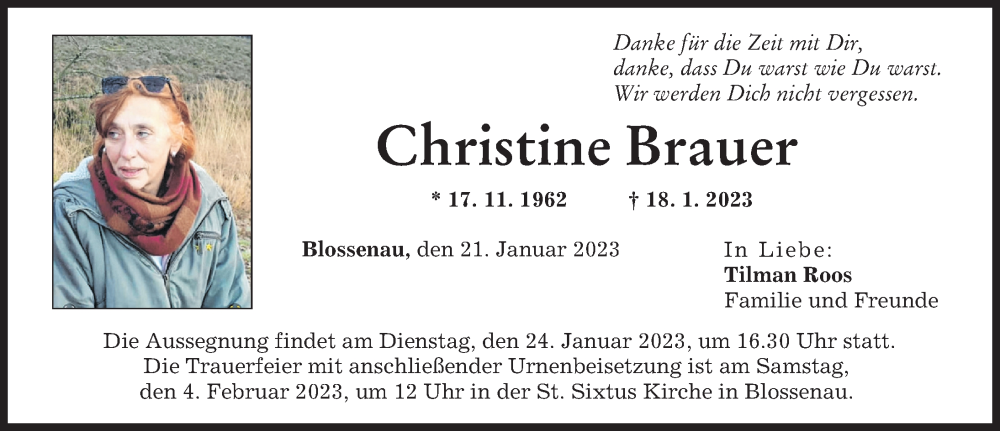  Traueranzeige für Christine Brauer vom 21.01.2023 aus Donauwörther Zeitung
