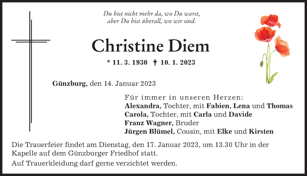 Traueranzeige von Christine Diem von Günzburger Zeitung