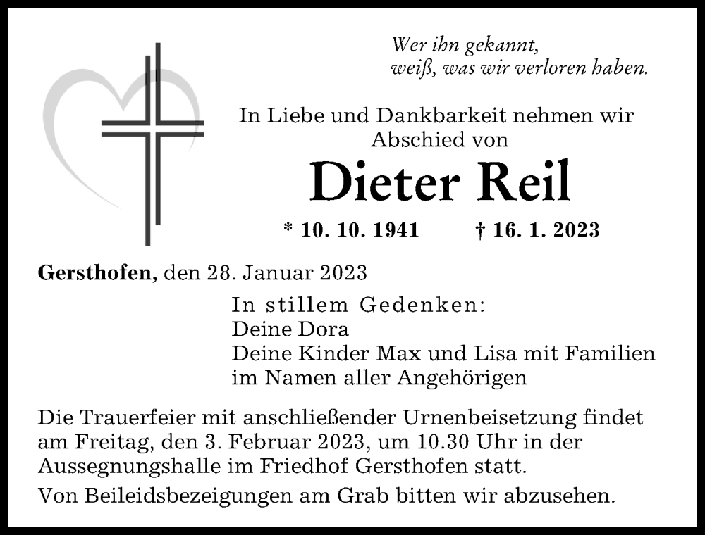  Traueranzeige für Dieter Reil vom 28.01.2023 aus Augsburger Allgemeine