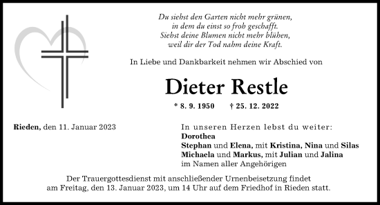 Traueranzeige von Dieter Restle von Günzburger Zeitung