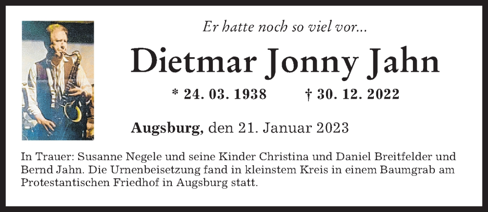  Traueranzeige für Dietmar Jonny Jahn vom 21.01.2023 aus Augsburger Allgemeine
