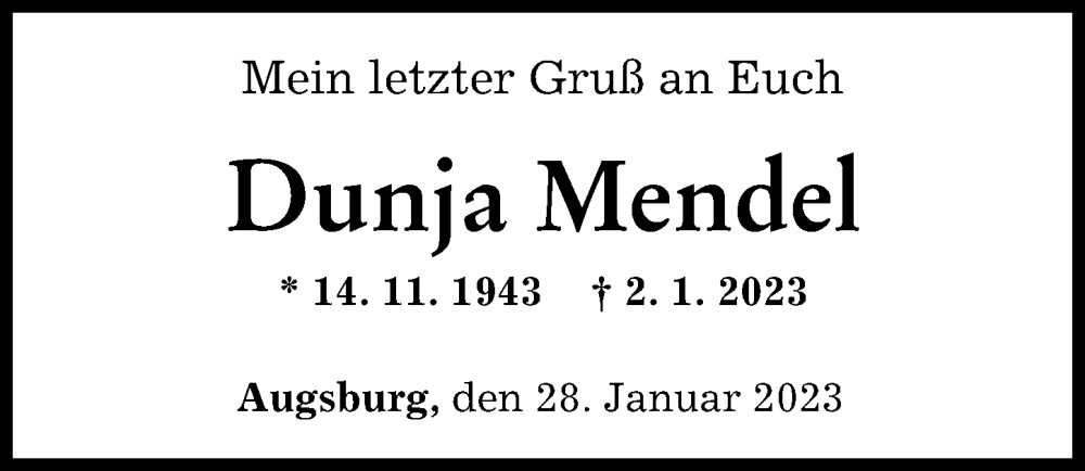 Traueranzeige von Dunja Mendel von Augsburger Allgemeine