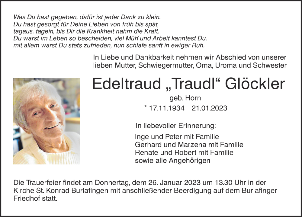 Traueranzeige von Edeltraud Glöckler von Augsburger Allgemeine, Neu-Ulmer Zeitung