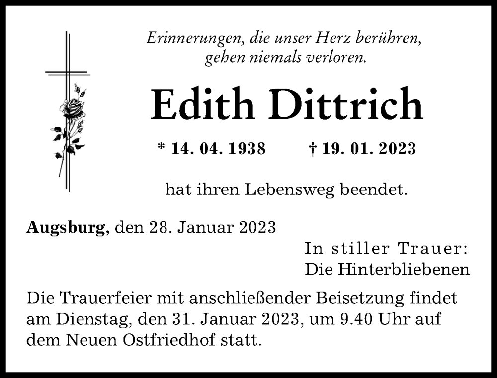  Traueranzeige für Edith Dittrich vom 28.01.2023 aus Augsburger Allgemeine