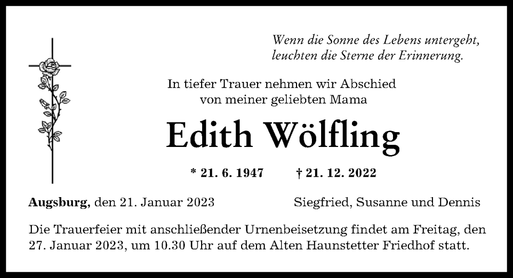  Traueranzeige für Edith Wölfling vom 21.01.2023 aus Augsburger Allgemeine