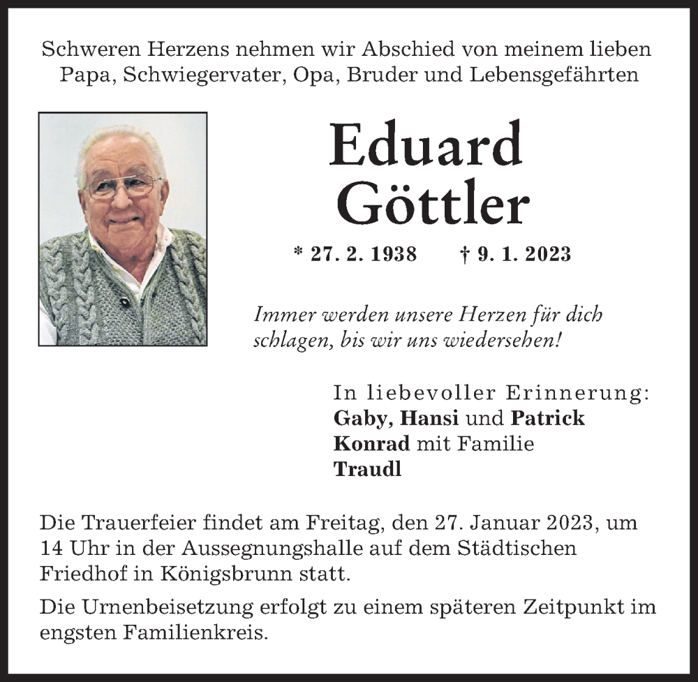 Traueranzeige von Eduard Göttler von Augsburger Allgemeine
