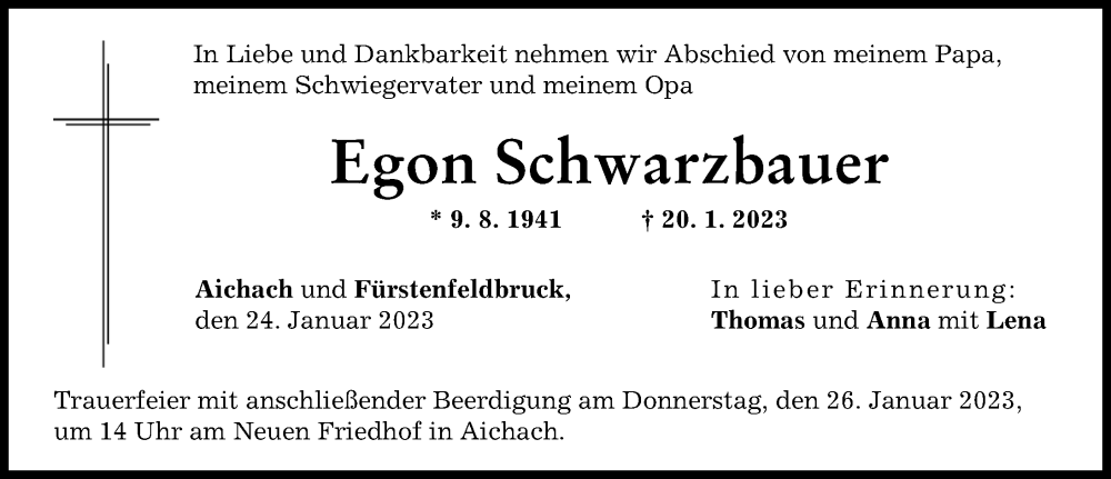  Traueranzeige für Egon Schwarzbauer vom 24.01.2023 aus Aichacher Nachrichten