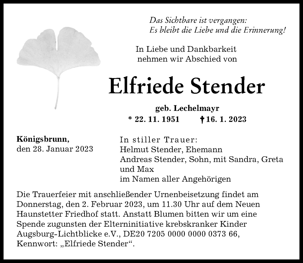  Traueranzeige für Elfriede Stender vom 28.01.2023 aus Augsburger Allgemeine