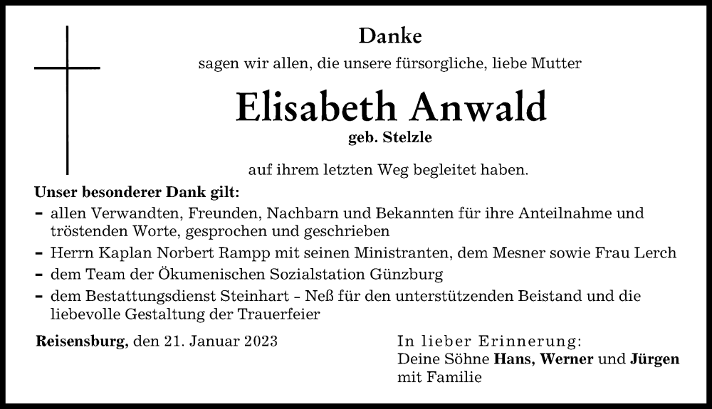 Traueranzeige von Elisabeth Anwald von Günzburger Zeitung