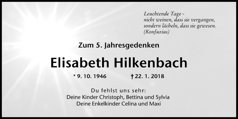  Traueranzeige für Elisabeth Hilkenbach vom 21.01.2023 aus Augsburger Allgemeine