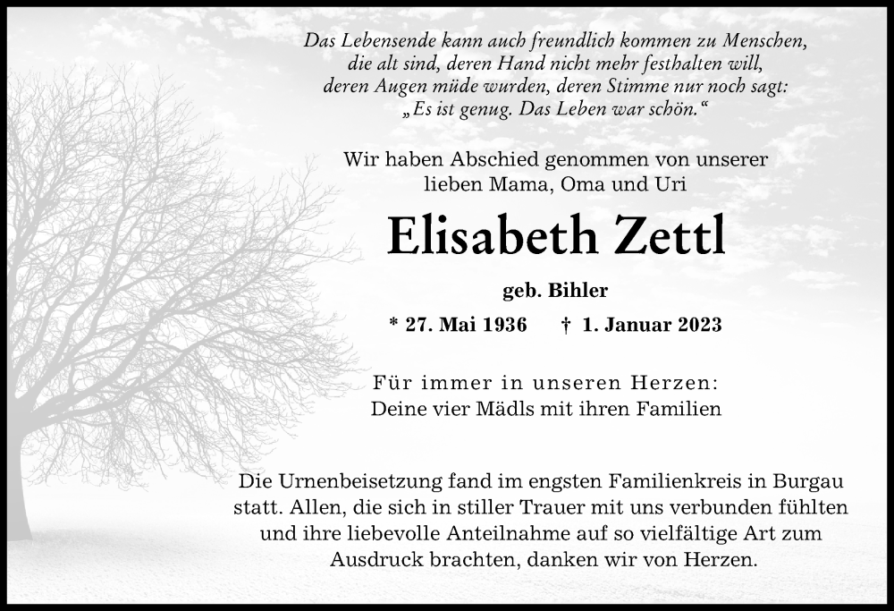 Traueranzeige von Elisabeth Zettl von Günzburger Zeitung