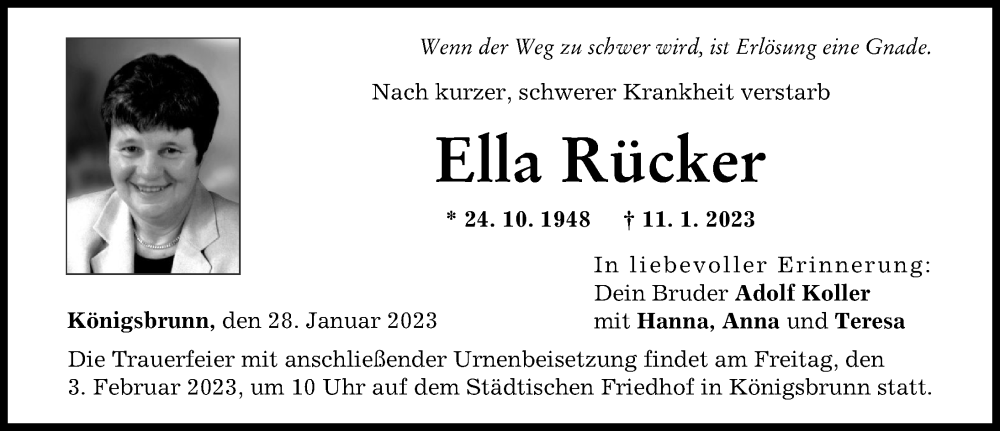  Traueranzeige für Ella Rücker vom 28.01.2023 aus Schwabmünchner Allgemeine