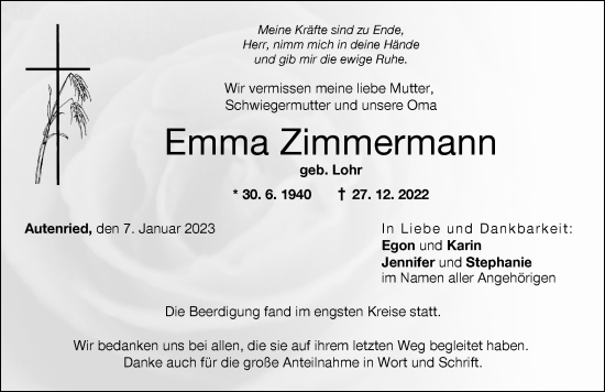 Traueranzeige von Emma Zimmermann von Günzburger Zeitung