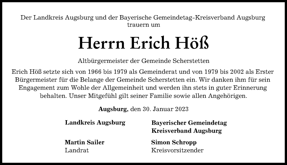  Traueranzeige für Erich Höß vom 30.01.2023 aus Schwabmünchner Allgemeine, Augsburg-Land