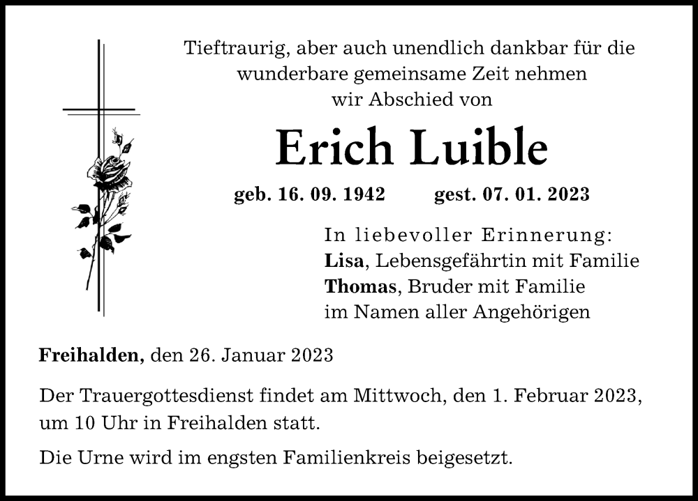  Traueranzeige für Erich Luible vom 26.01.2023 aus Günzburger Zeitung
