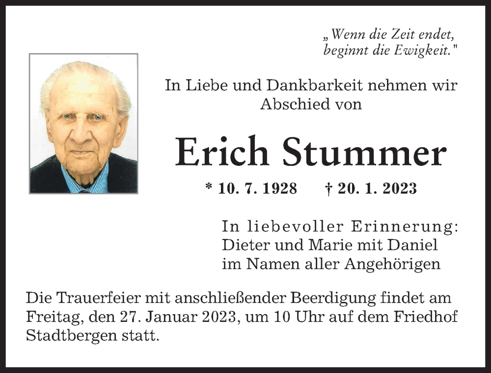  Traueranzeige für Erich Stummer vom 25.01.2023 aus Augsburger Allgemeine