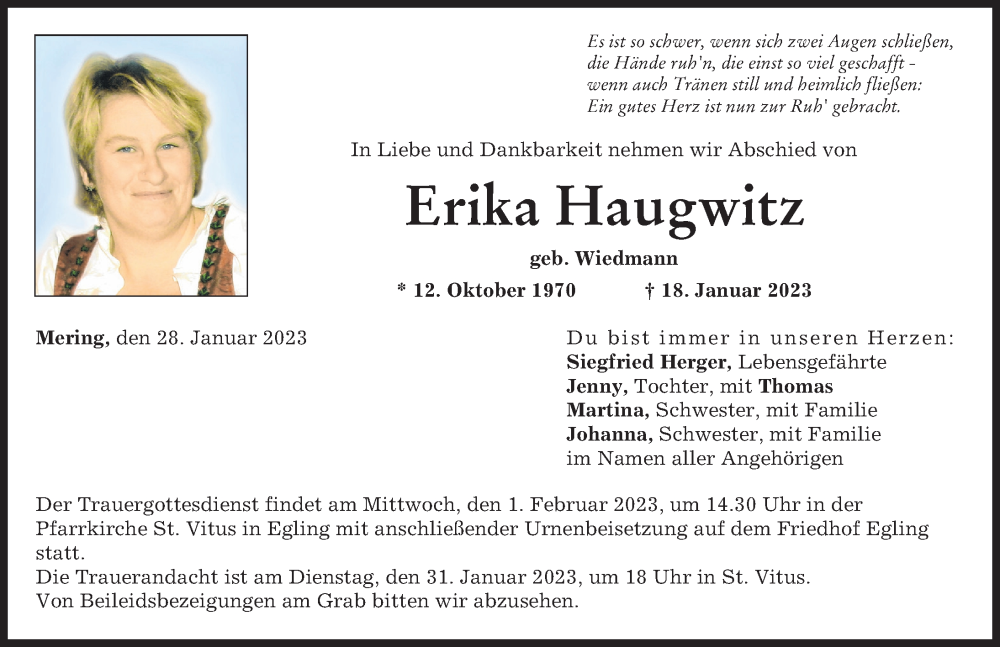  Traueranzeige für Erika Haugwitz vom 28.01.2023 aus Landsberger Tagblatt, Friedberger Allgemeine
