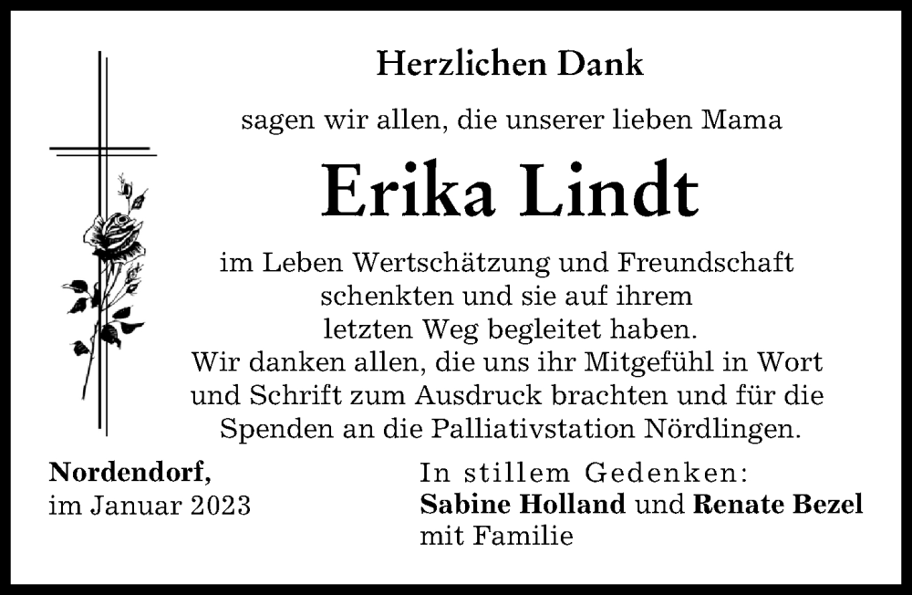  Traueranzeige für Erika Lindt vom 30.01.2023 aus Augsburg-Land, Donauwörther Zeitung