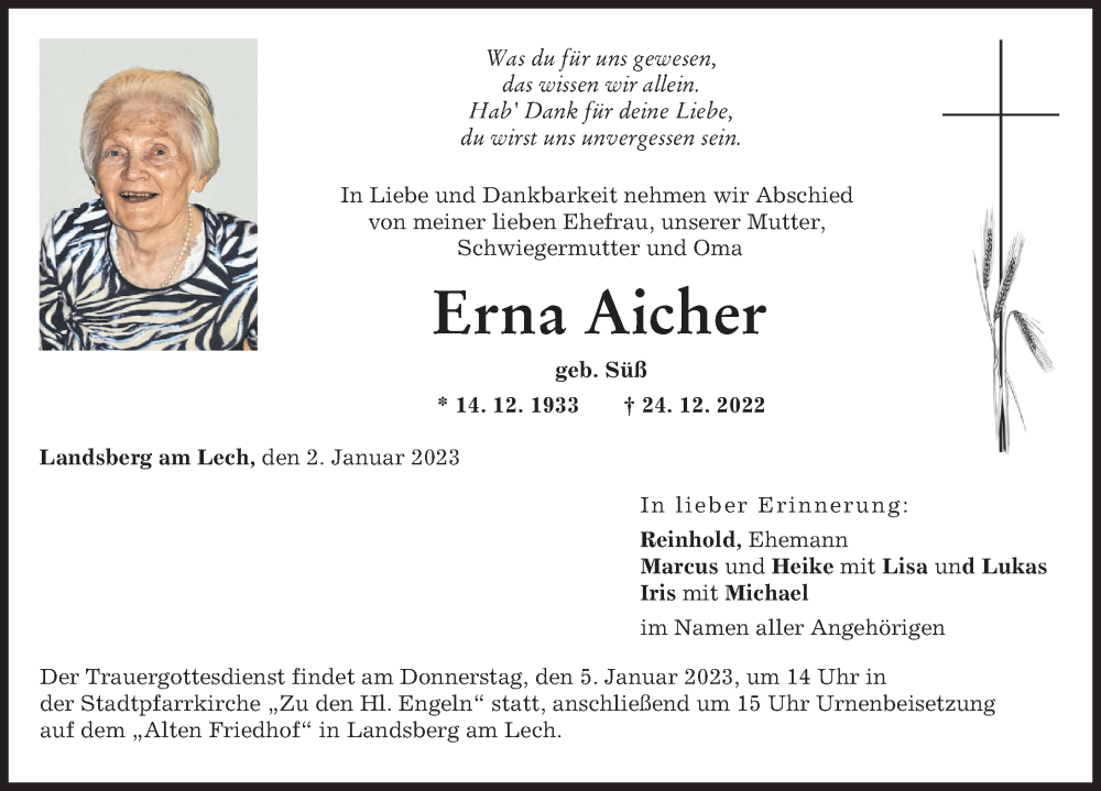 Traueranzeige von Erna Aicher von Landsberger Tagblatt