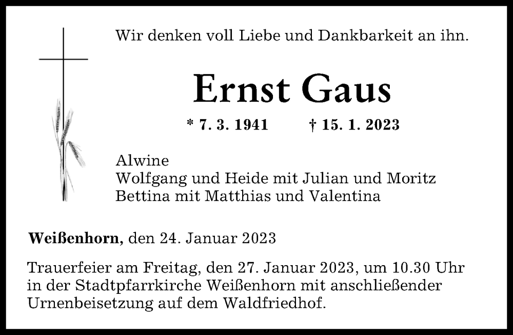  Traueranzeige für Ernst Gaus vom 24.01.2023 aus Neu-Ulmer Zeitung