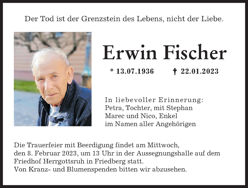  Traueranzeige für Erwin Fischer vom 28.01.2023 aus Friedberger Allgemeine
