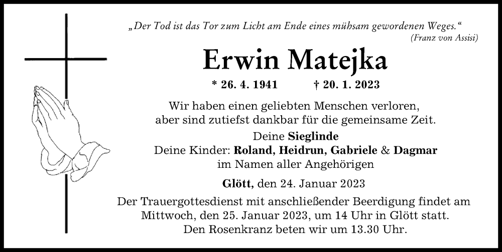  Traueranzeige für Erwin Matejka vom 24.01.2023 aus Donau Zeitung