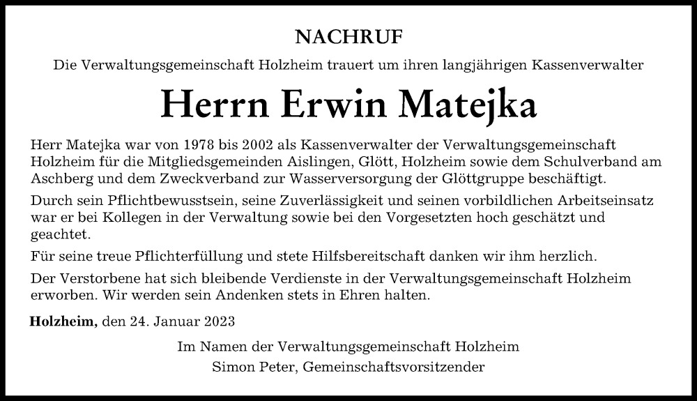  Traueranzeige für Erwin Matejka vom 26.01.2023 aus Donau Zeitung
