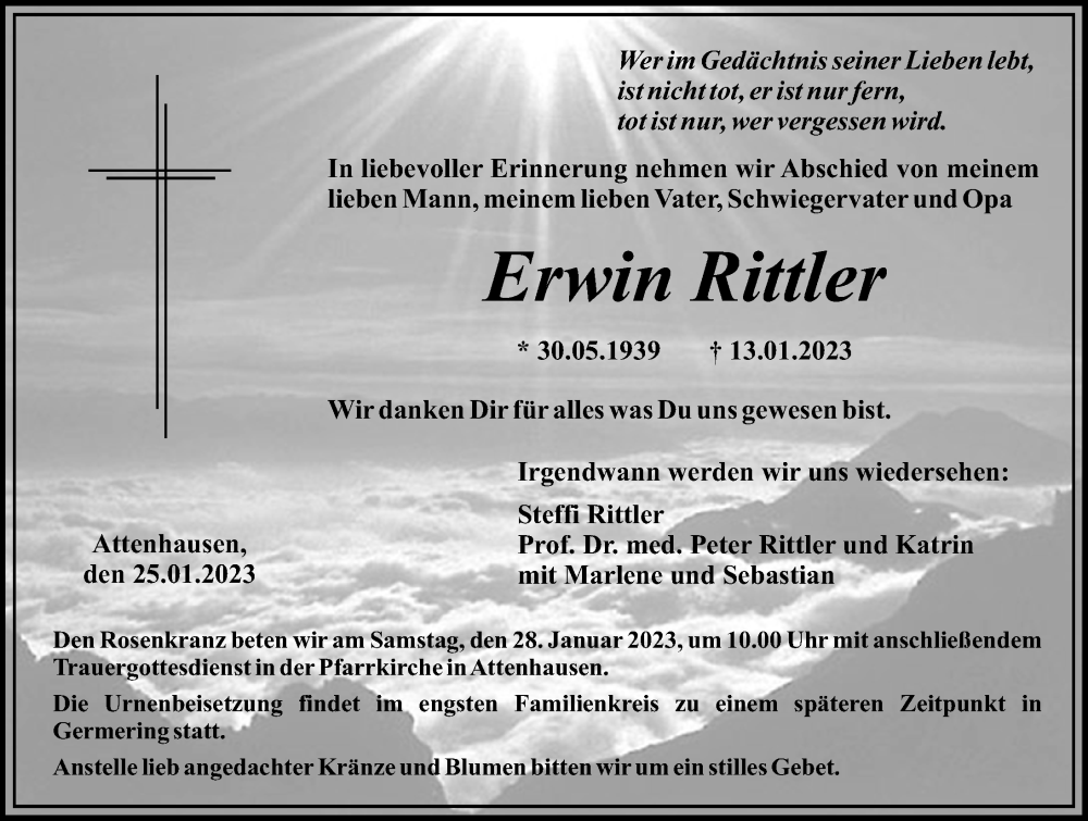  Traueranzeige für Erwin Rittler vom 25.01.2023 aus Mittelschwäbische Nachrichten
