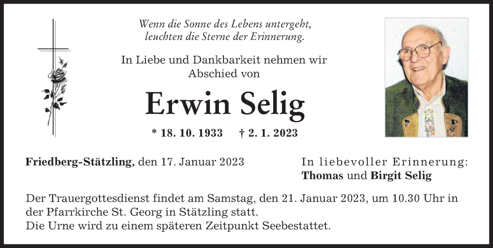 Traueranzeige von Erwin Selig von Augsburger Allgemeine