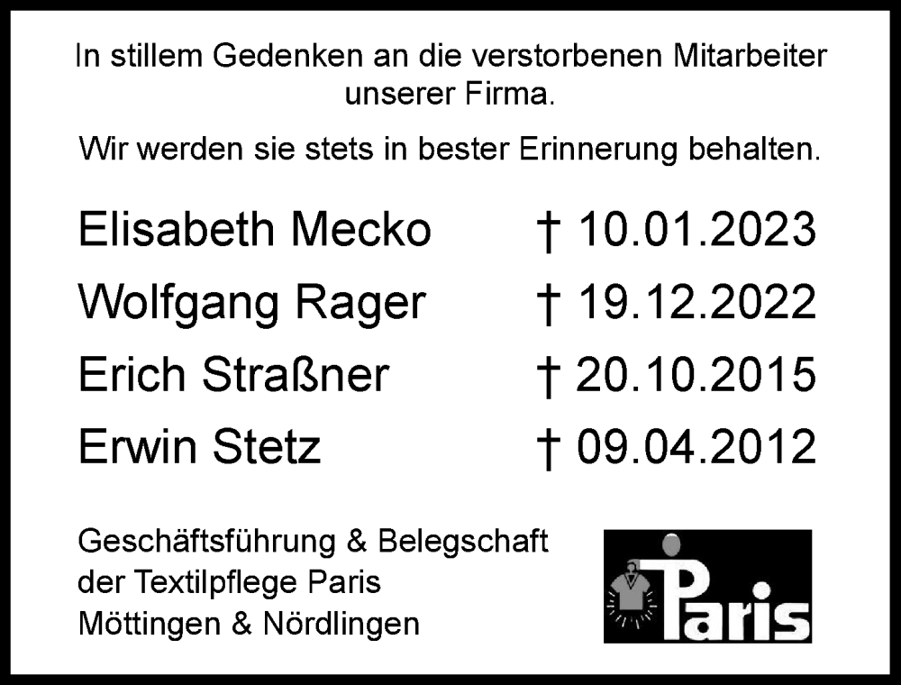  Traueranzeige für Erwin Stetz vom 24.01.2023 aus Rieser Nachrichten