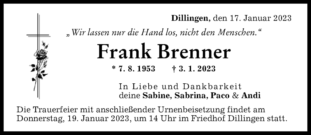  Traueranzeige für Frank Brenner vom 17.01.2023 aus Donau Zeitung