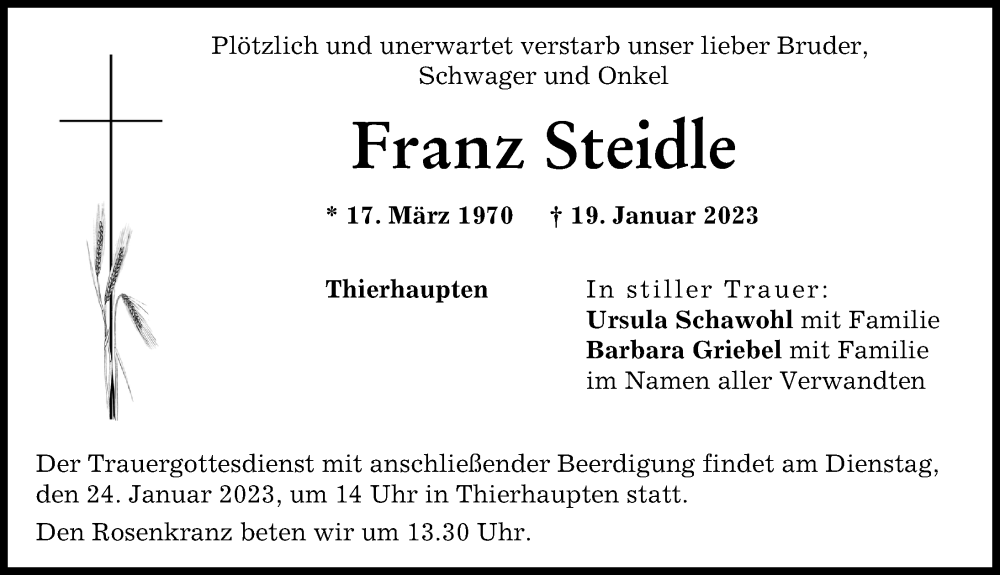 Traueranzeige von Franz Steidle von Augsburg-Land