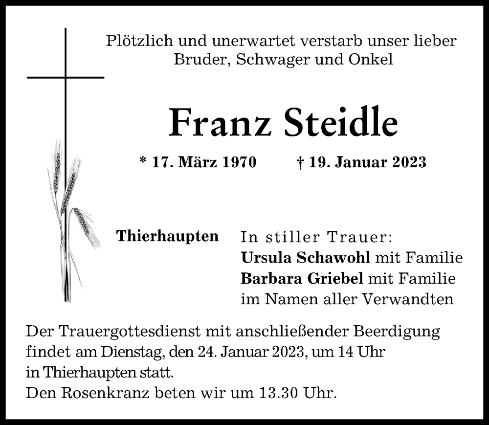 Traueranzeige von Franz Steidle von Aichacher Nachrichten, Donauwörther Zeitung
