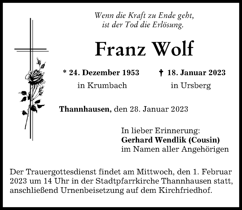  Traueranzeige für Franz Wolf vom 28.01.2023 aus Mittelschwäbische Nachrichten