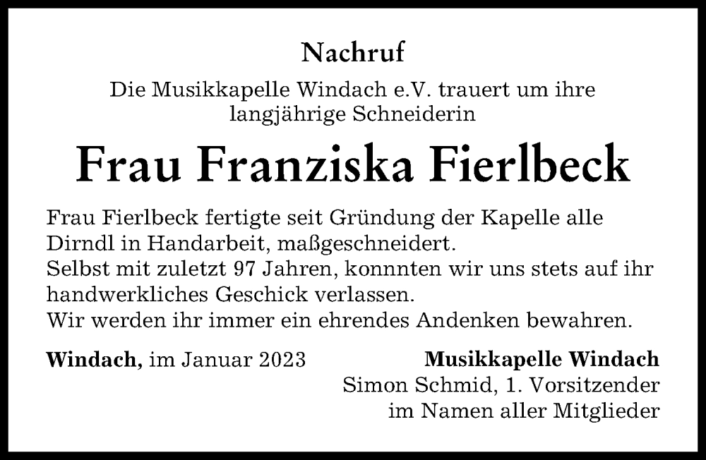  Traueranzeige für Franziska Fierlbeck vom 28.01.2023 aus Landsberger Tagblatt