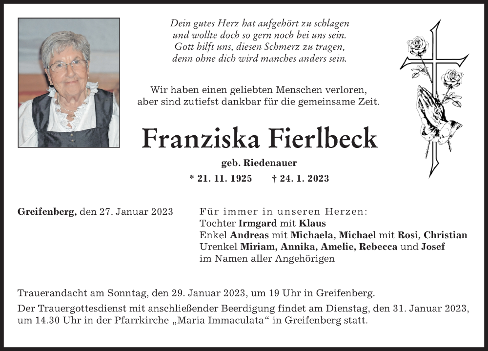  Traueranzeige für Franziska Fierlbeck vom 27.01.2023 aus Landsberger Tagblatt
