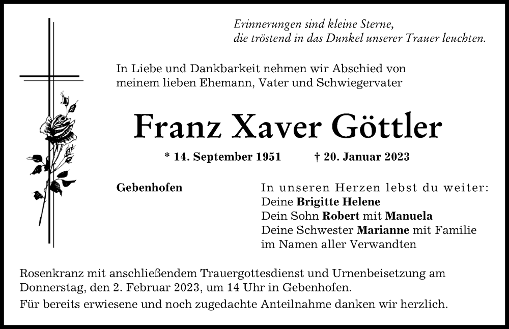  Traueranzeige für Franz Xaver Göttler vom 27.01.2023 aus Augsburger Allgemeine, Aichacher Nachrichten