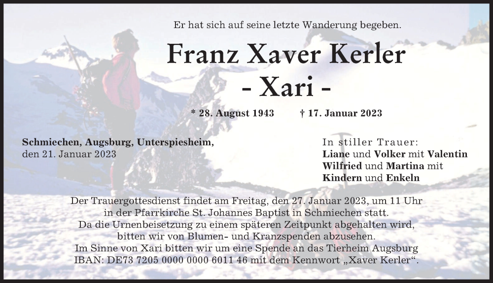  Traueranzeige für Franz Xaver Kerler vom 21.01.2023 aus Landsberger Tagblatt, Friedberger Allgemeine