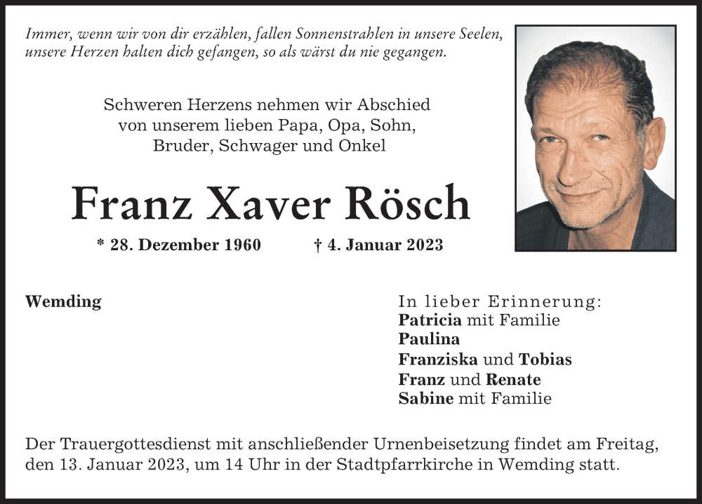  Traueranzeige für Franz Xaver Rösch vom 11.01.2023 aus Donauwörther Zeitung