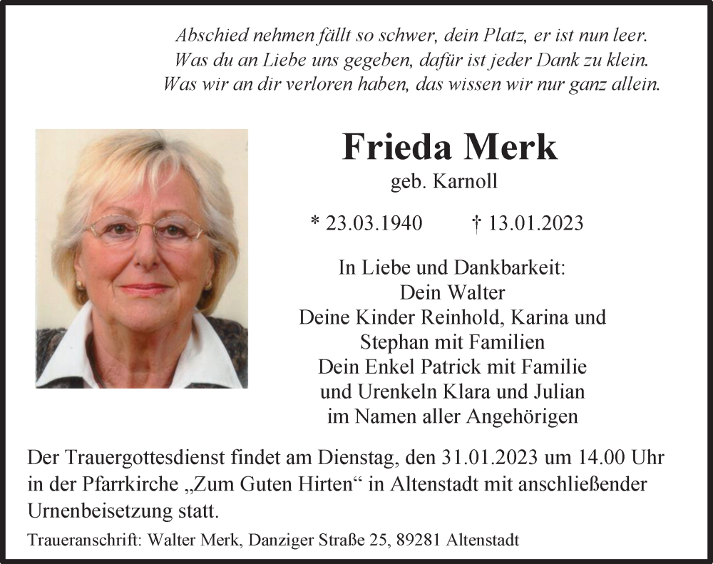  Traueranzeige für Frieda Merk vom 26.01.2023 aus Illertisser Zeitung