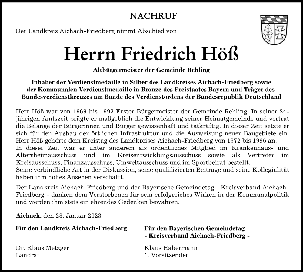  Traueranzeige für Friedrich Höß vom 28.01.2023 aus Aichacher Nachrichten