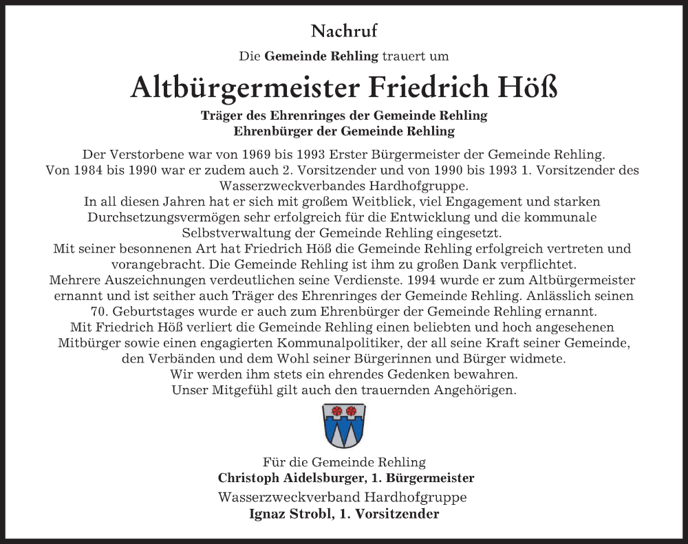  Traueranzeige für Friedrich Höß vom 26.01.2023 aus Aichacher Nachrichten