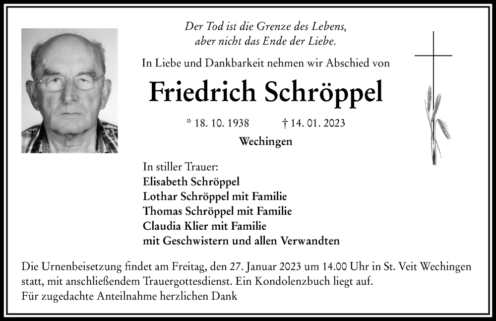  Traueranzeige für Friedrich Schröppel vom 25.01.2023 aus Rieser Nachrichten