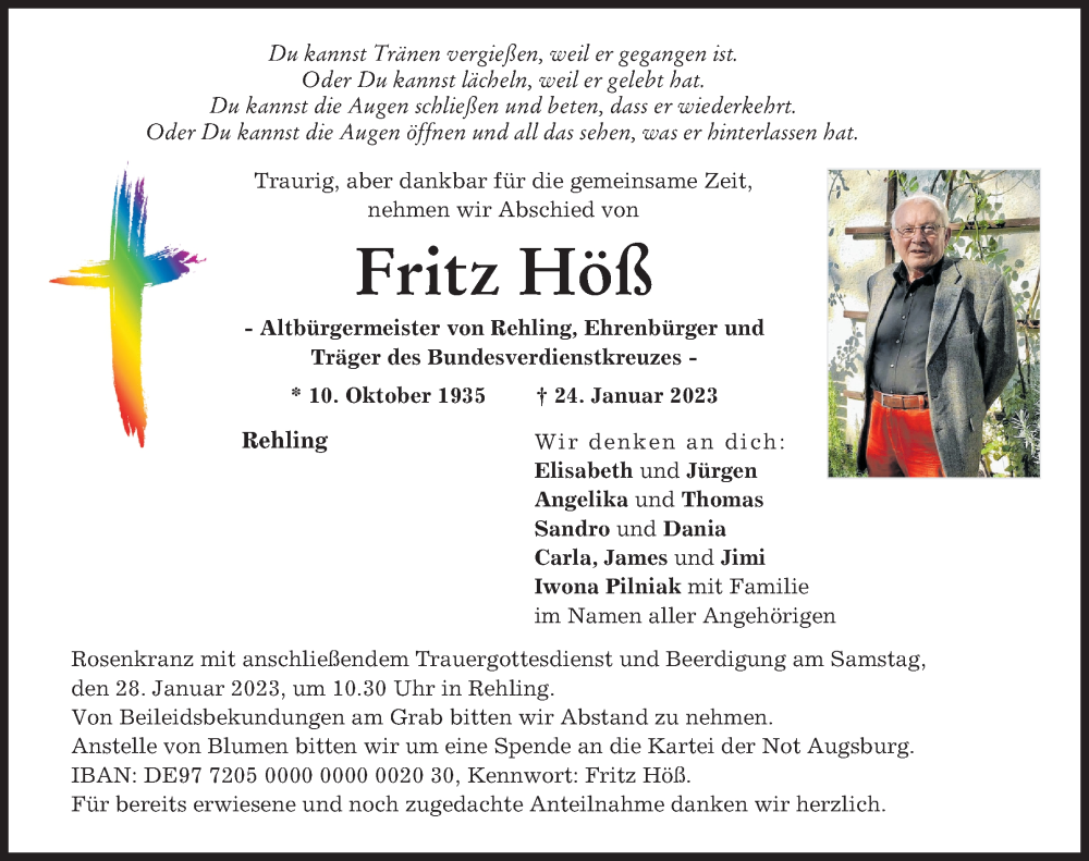  Traueranzeige für Fritz Höß vom 26.01.2023 aus Aichacher Nachrichten