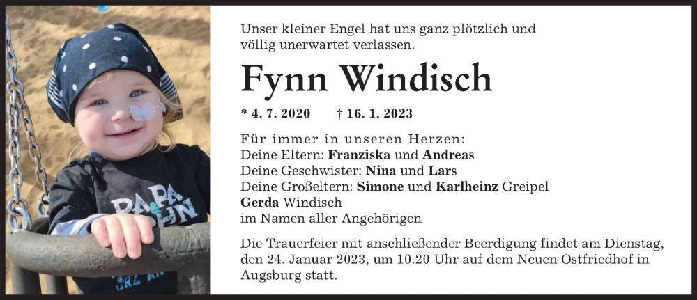  Traueranzeige für Fynn Windisch vom 21.01.2023 aus Augsburger Allgemeine