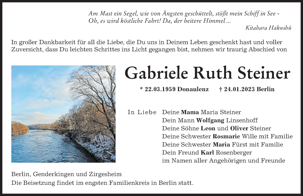  Traueranzeige für Gabriele Ruth Steiner vom 27.01.2023 aus Donauwörther Zeitung