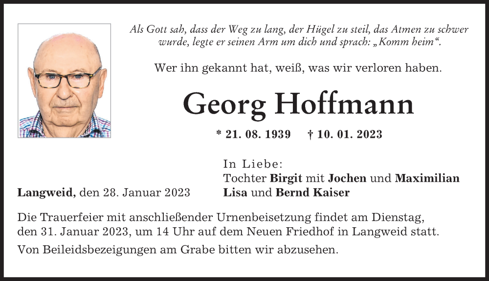  Traueranzeige für Georg Hoffmann vom 28.01.2023 aus Augsburg-Land