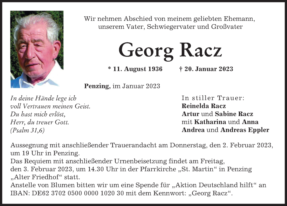  Traueranzeige für Georg Racz vom 28.01.2023 aus Landsberger Tagblatt